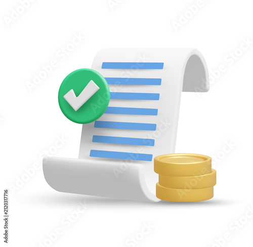 Fotografie 3d rendering illustration of paper receipt bill with check mark and gold coin st
