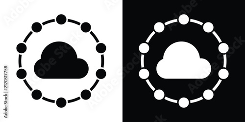 Cloud graphic surrounded by a circular node network, symbolizing cloud computing, decentralized storage, and global connectivity. Minimalist vector set.