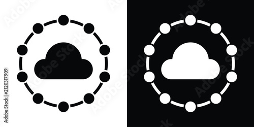 Cloud graphic surrounded by a circular node network, symbolizing cloud computing, decentralized storage, and global connectivity. Minimalist vector set.
