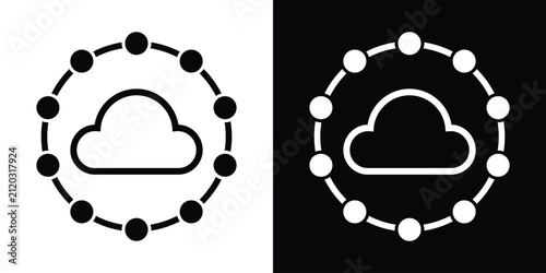 Cloud graphic surrounded by a circular node network, symbolizing cloud computing, decentralized storage, and global connectivity. Minimalist vector set.