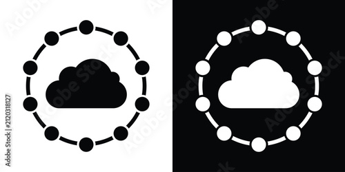 Cloud graphic surrounded by a circular node network, symbolizing cloud computing, decentralized storage, and global connectivity. Minimalist vector set.