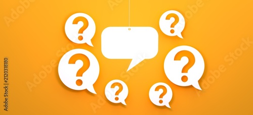 Speech Bubble with Question Marks on Orange Background FAQ Customer Support Concept