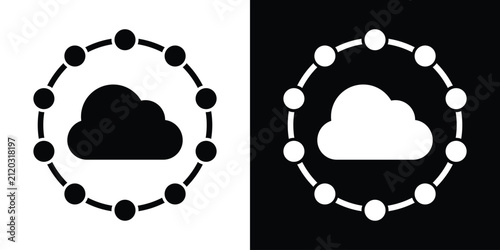 Cloud graphic surrounded by a circular node network, symbolizing cloud computing, decentralized storage, and global connectivity. Minimalist vector set.