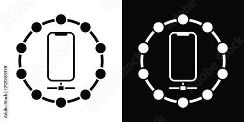 Smartphone symbol enclosed in a circular node ring, representing mobile device integration, wireless network connection, and app synchronization.
