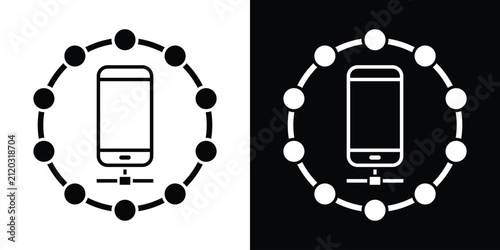 Smartphone symbol enclosed in a circular node ring, representing mobile device integration, wireless network connection, and app synchronization.