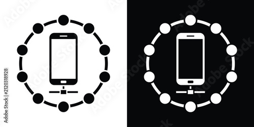 Smartphone symbol enclosed in a circular node ring, representing mobile device integration, wireless network connection, and app synchronization.
