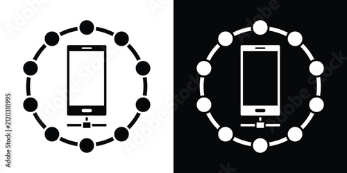 Smartphone symbol enclosed in a circular node ring, representing mobile device integration, wireless network connection, and app synchronization.