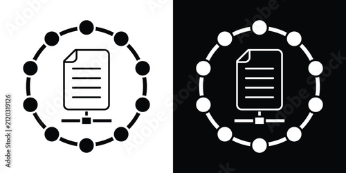 Document file icon inside a circular node network ring, illustrating secure document sharing, cloud filing, and digital data management. Vector format.