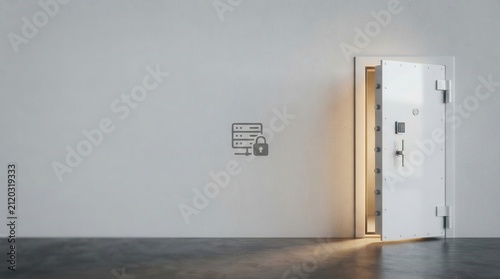 Open Safe Door Revealing Bright Light and Security Symbol on Wall.