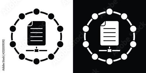Document file icon inside a circular node network ring, illustrating secure document sharing, cloud filing, and digital data management. Vector format.