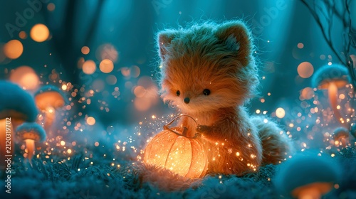 Whimsical 3D illustration of fluffy ginger fox holding glowing pumpkin lantern in bioluminescent forest, soft mist located within magical fairy realm