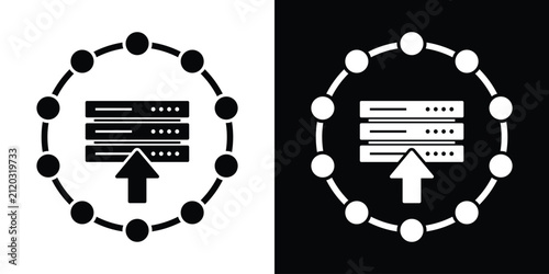 Server rack with an upload arrow inside a circular node ring, representing data migration, database upload, and server deployment. Clean vector style.