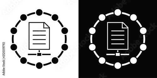 Document file icon inside a circular node network ring, illustrating secure document sharing, cloud filing, and digital data management. Vector format.