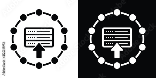 Server rack with an upload arrow inside a circular node ring, representing data migration, database upload, and server deployment. Clean vector style.