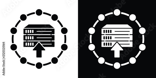 Server rack with an upload arrow inside a circular node ring, representing data migration, database upload, and server deployment. Clean vector style.
