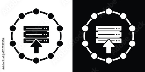 Server rack with an upload arrow inside a circular node ring, representing data migration, database upload, and server deployment. Clean vector style.