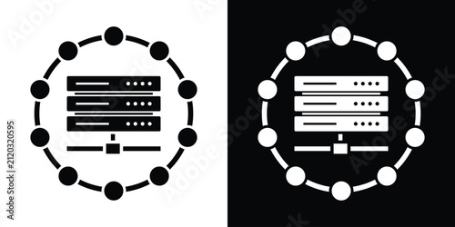 Server rack inside a connected circular node ring, representing centralized network architecture, database hosting, and system infrastructure. Black and white vector.
