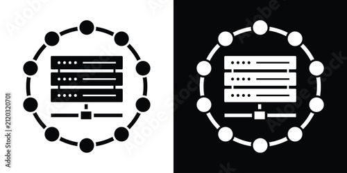 Server rack inside a connected circular node ring, representing centralized network architecture, database hosting, and system infrastructure. Black and white vector.