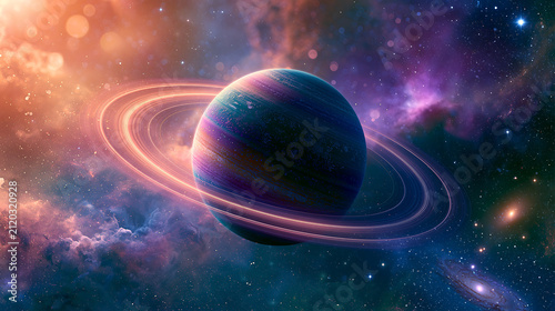 Vibrant celestial globe surrounded by radiant rings in deep space atmosphere with set against cosmic backdrop swirling nebulae countless stars surreal