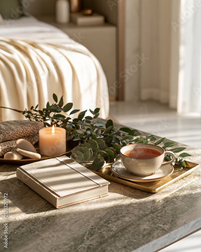 Premium self care ritual with journal tea grip socks eucalyptus and wellness accessories showcasing luxury restorative intentional living