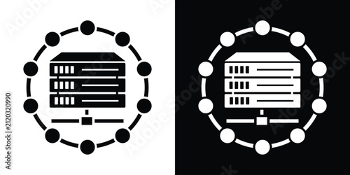 Server rack inside a connected circular node ring, representing centralized network architecture, database hosting, and system infrastructure. Black and white vector.