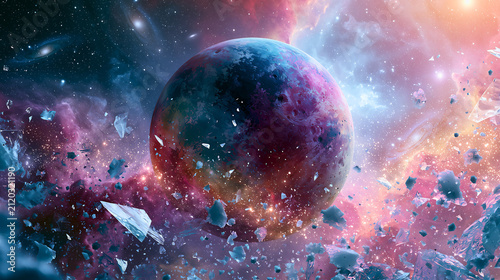 Cosmic planet destruction amidst vibrant space debris with depicts dramatic cosmic scene where planet being shattered intense forces