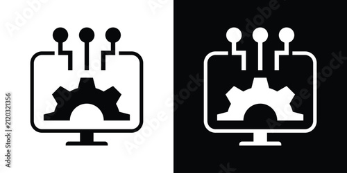 Computer monitor screen icon containing a cogwheel and connected nodes, representing system settings, software configuration, and tech management. Vector design.