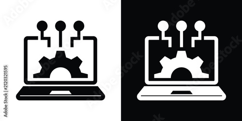 Computer monitor screen icon containing a cogwheel and connected nodes, representing system settings, software configuration, and tech management. Vector design.