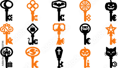 Set of decorative vintage keys with spooky halloween icons and symbols for festive holiday design and creative projects