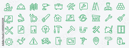Handyman web icons in line style. Maintenance, plumbing, electrical, consultation, cleaning, installation , repair, collection. Editable stroke. Vector illustration. 