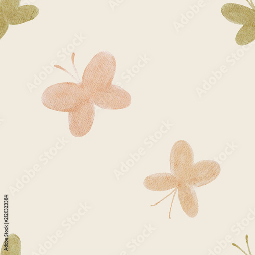 Seamless watercolor butterfly pattern with soft pastel tones. Delicate flying butterflies create a minimal romantic design and perfect for fabric or wallpaper.