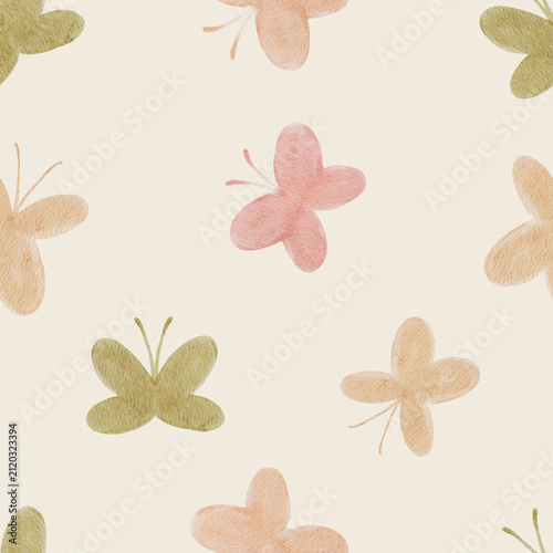 Seamless watercolor butterfly pattern with colorful pastel butterflies. Charming nature design feels light and cheerful and perfect for nursery or textile.