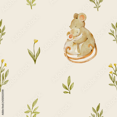 Seamless watercolor mouse family pattern with delicate botanical elements. Sweet woodland design feels warm and playful and perfect for nursery or fabric.