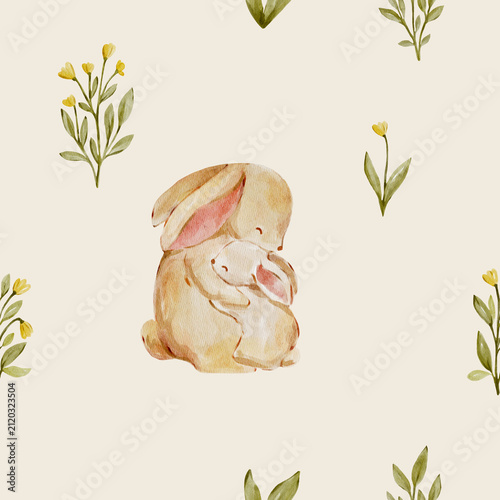 Seamless watercolor bunny pattern with delicate wildflowers and leaves. Gentle woodland design feels sweet and cozy and perfect for nursery or fabric.