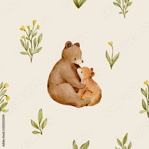 Seamless watercolor bear family pattern with soft botanical elements. Cute woodland design feels gentle and heartwarming and perfect for nursery decor.