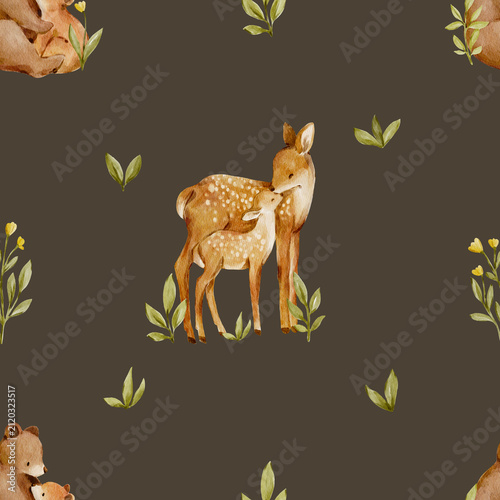 Seamless watercolor deer pattern with woodland leaves on dark background. Cozy forest design feels warm and whimsical and perfect for nursery or fabric.