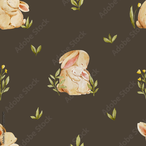 Seamless watercolor bunny pattern on dark woodland background. Cute forest design feels playful and elegant and perfect for nursery or textile.