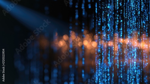 Abstract digital rain and bokeh light streaks against dark background