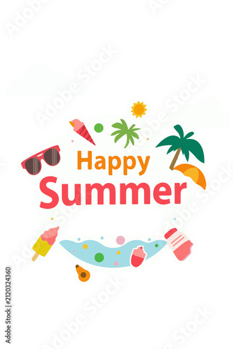 Template summer greeting card with flat design, featuring vibrant colors
