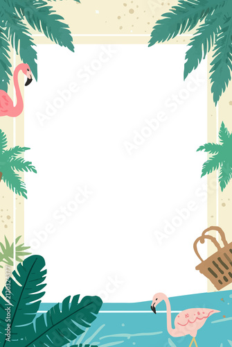 A vibrant vacation-themed greeting card featuring a template vector design with a flat aesthetic, incorporating bold colors and clean lines