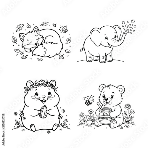 Set of cute animals coloring page featuring a sleeping fox elephant hamster and a honey loving bear