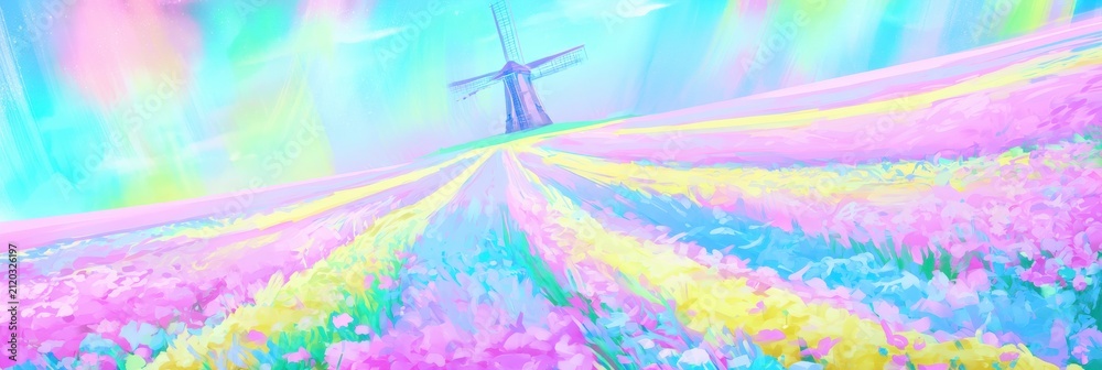Fototapeta premium Vast, ultra-wide field of multi-colored wildflowers (pinks, yellows, blues), leading to a single Dutch windmill on a hill, dreamlike watercolor and anime aesthetic, vibrant colors