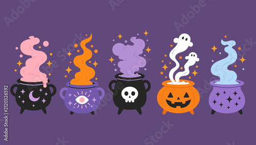 Vector collection of five magical Halloween witch cauldrons with glowing potions, bubbling smoke, cute tiny ghosts on a dark purple background. Playful flat design for seasonal party decor