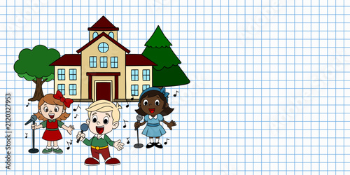 Hand-drawn school banner featuring a blue grid notebook paper background with a colorful Back to School scene and a spacious blank area for custom text or information