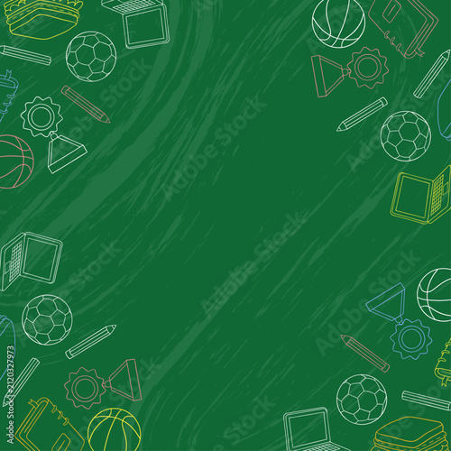 Hand-drawn school banner featuring a green chalkboard surrounded by colorful school doodles and educational elements, with a spacious blank area for custom text or information