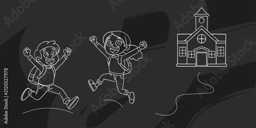 Hand-drawn school banner featuring a black chalkboard with a white chalk-style Back to School scene and a spacious blank area for custom text or information