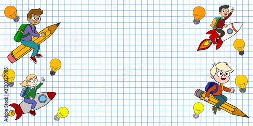 Hand-drawn school banner featuring a blue grid notebook paper background with a colorful Back to School scene and a spacious blank area for custom text or information