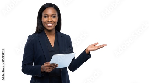 Professional African American businesswoman holding a tablet and gesturing to copy space.