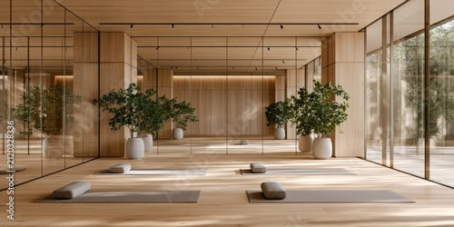 Serene yoga studio with natural wood, mirrors, plants, and mats