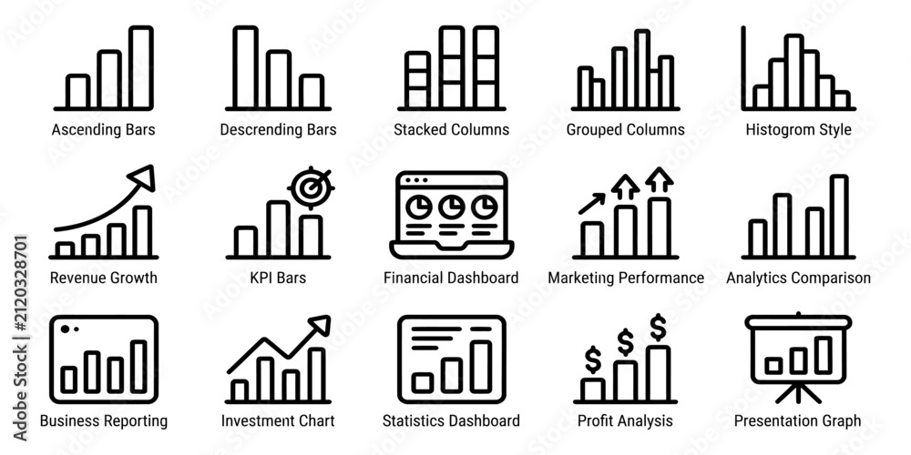 Obraz premium Professional business analytics and bar chart icon vector illustration set for financial reporting and data visualization projects